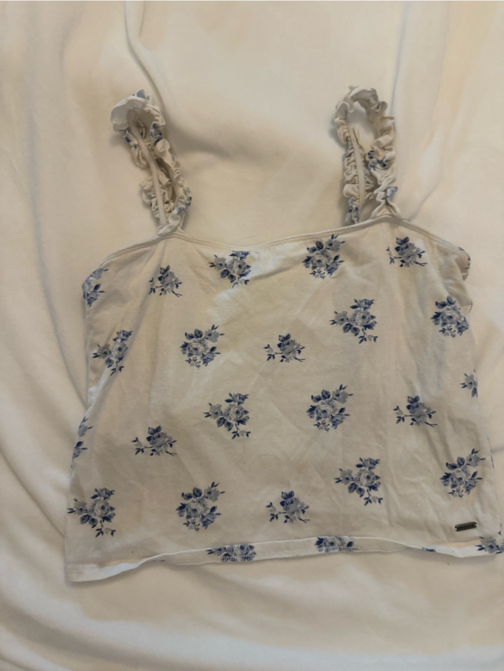 Hollister White Cami with Blue Floral Print and Ruffle Straps